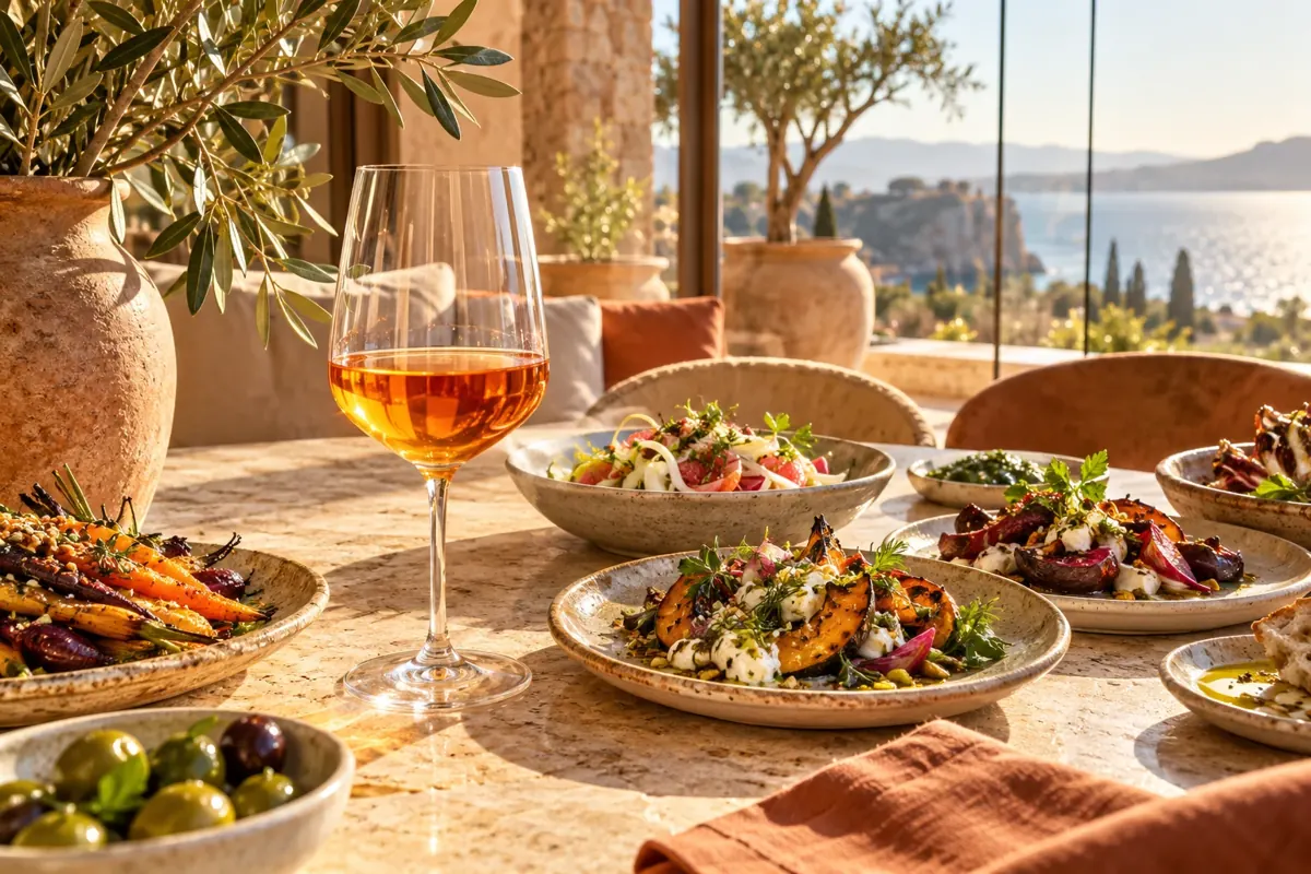 Mesa ao sol com gastronomia e vinho, imagem de ambientação