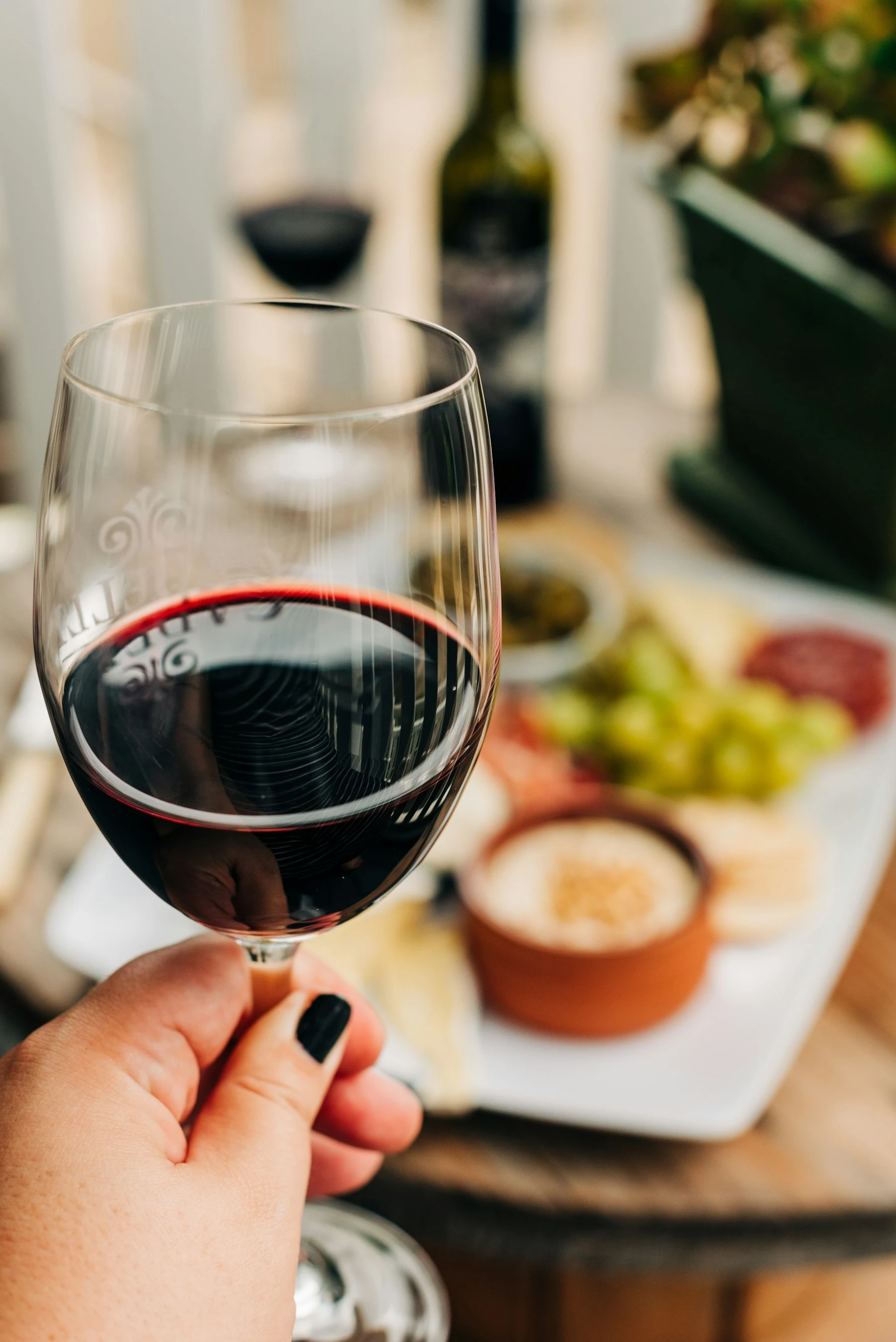 Taça de vinho tinto junto a uma tábua de queijos, fotografia de ambientação